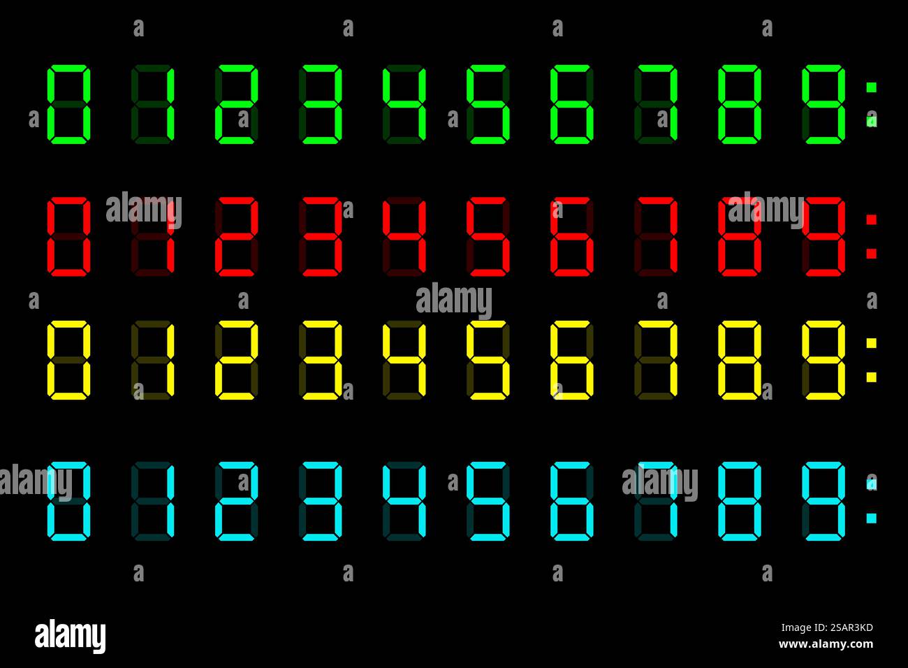 Digitale Uhrennummern. Vektor isolierte farbige Elemente. Satz von farbigen Vektor-isolierten Zahlen des digitalen Taschenrechners. EPS 10 Stock Vektor