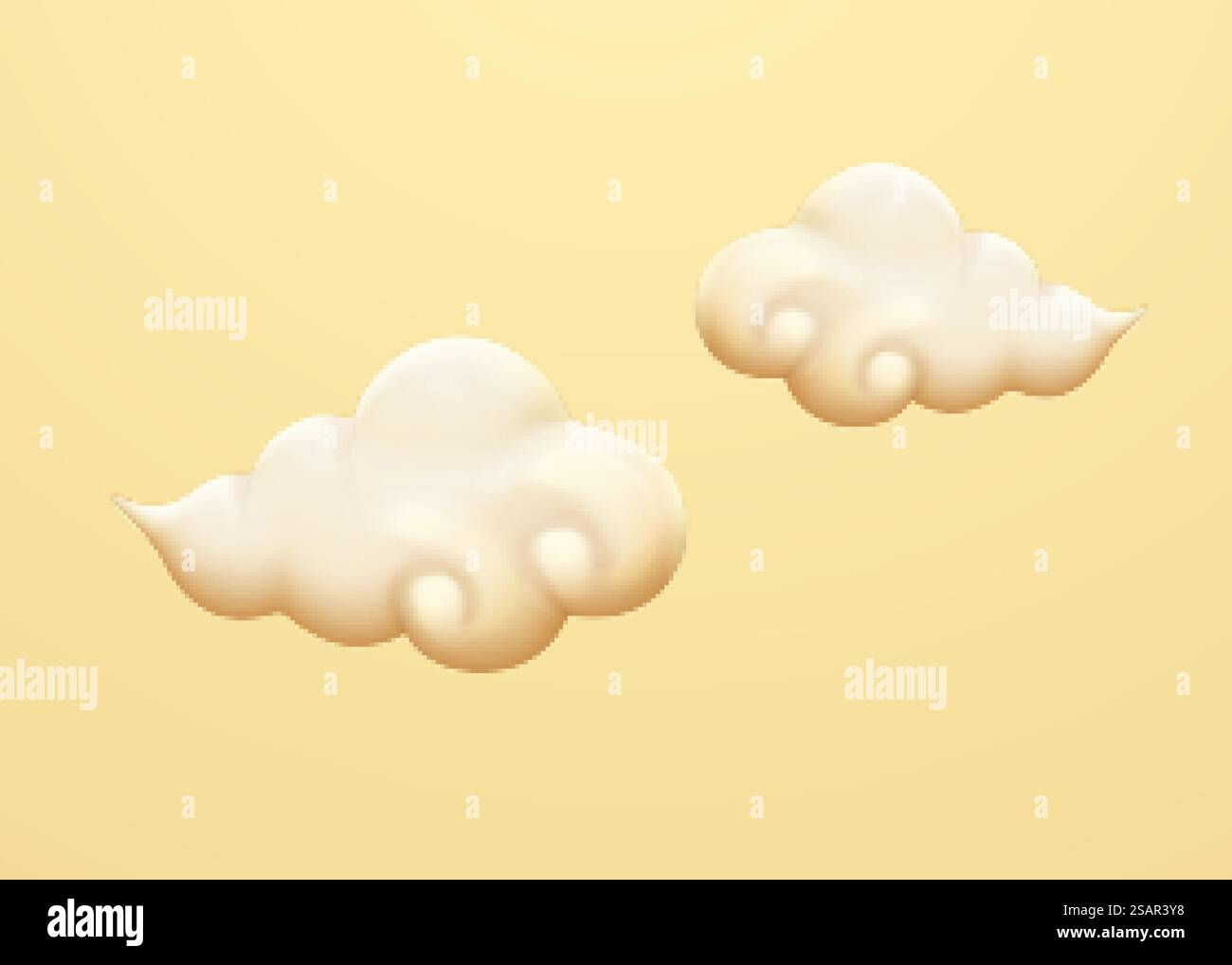 3D-Darstellung flauschiger weißer Wolke im orientalischen Stil, isoliert auf gelbem Hintergrund. 3D orientalische weiße Wolken Stock Vektor