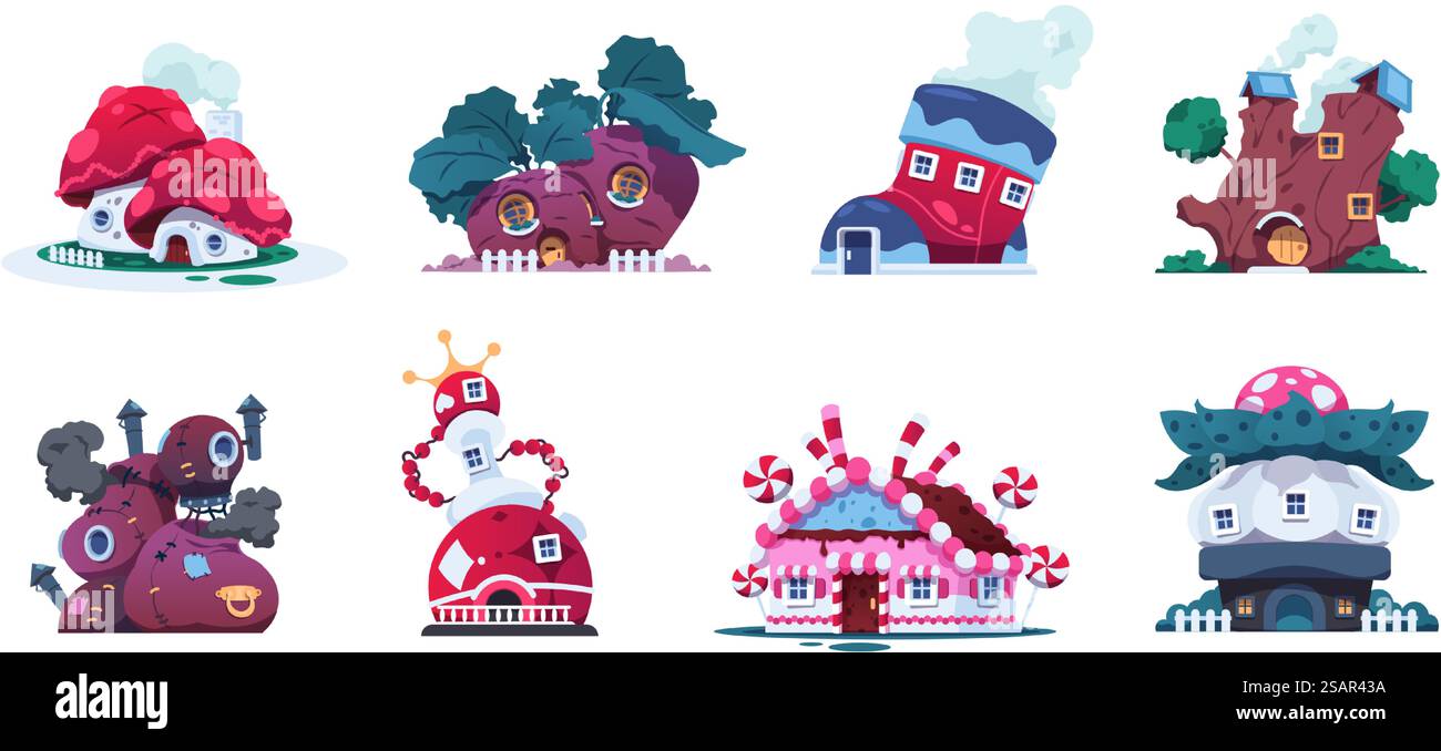 Märchenhäuser. Fantasy Forest Hütte. Imagination Cartoon Village. Magische Landschaftselemente. Isolierte Hütten mit fiktiven Charakteren. Vektor kreative Häuser Set von Elfen aus Stümpfen oder Pilzen. Märchenhäuser. Fantasy Forest Hütte. Imagination Village. Magische Landschaftselemente. Hütten mit fiktiven Charakteren. Vektor kreative Häuser Set von Elfen aus Stümpfen und Pilzen Stock Vektor