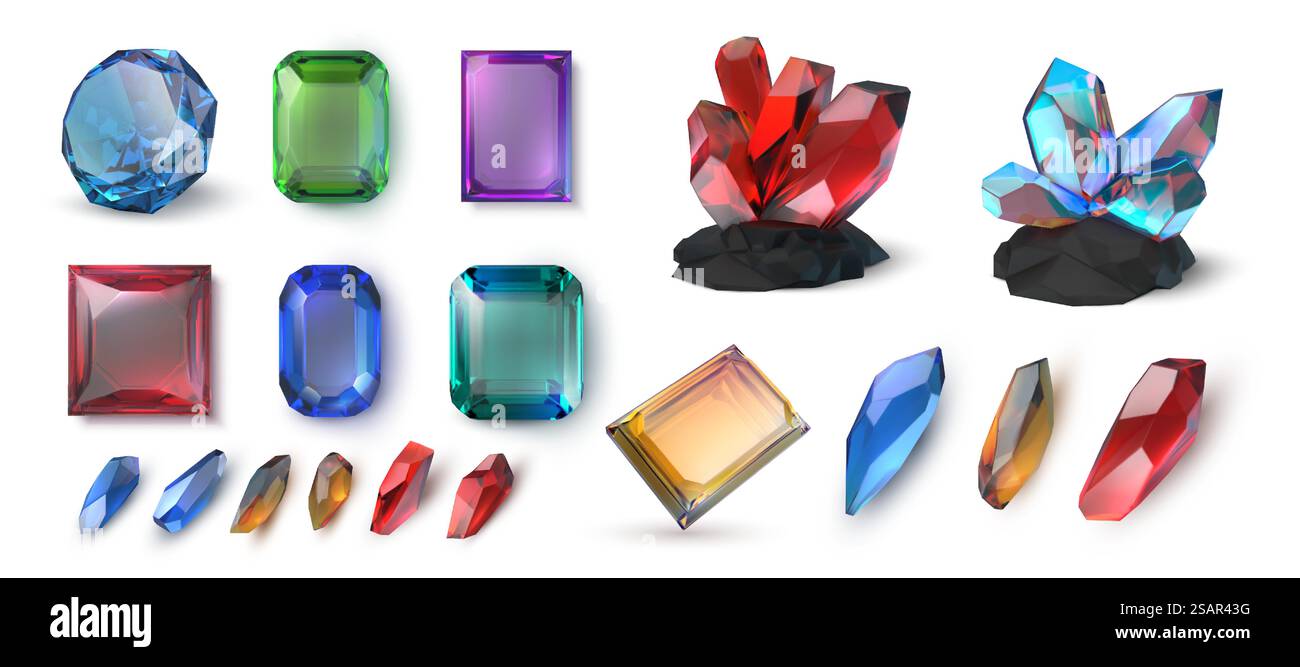 Realistische Edelsteine. Edelsteine und facettierte Juwelen. 3D-Mineralkristalle. Isolierter brillanter Topas und Amethyst. Glänzender Rubin oder Saphir. Luxuriöser Smaragd. Vektor-Fantasy-Schatz und magisches Schmuckset. Realistische Edelsteine. Edelsteine und facettierte Juwelen. 3D-Mineralkristalle. Brillanter Topas und Amethyst. Glänzender Rubin oder Saphir. Luxuriöser Smaragd. Vektorschatz und magisches Schmuckset Stock Vektor