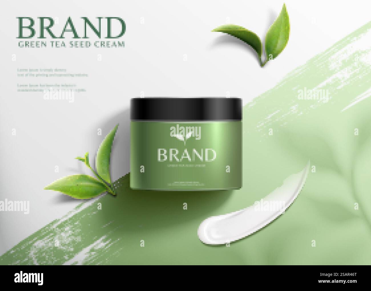 Werbung mit grünem Teesamen und Creme von oben Stock Vektor