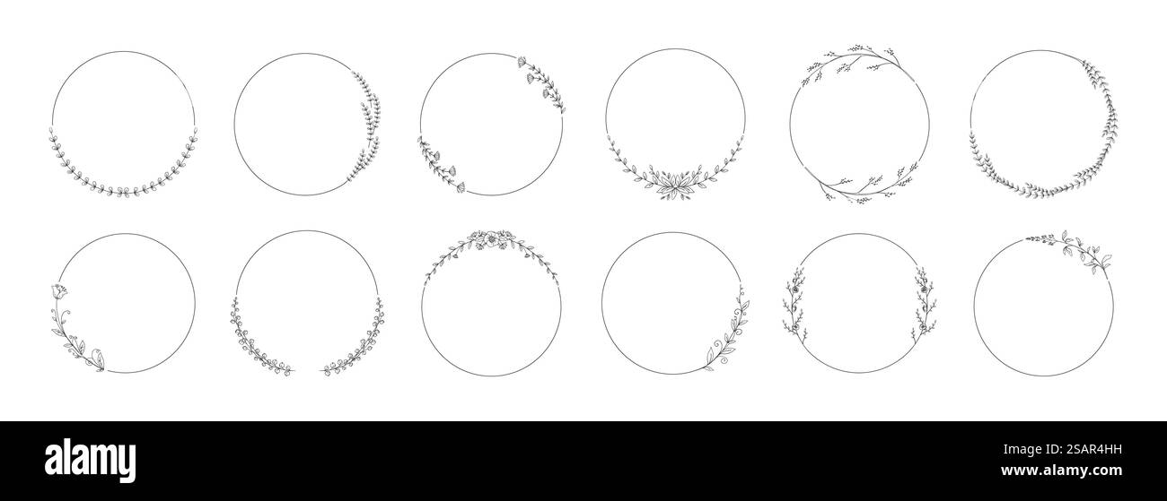 Kreiskranzrahmen. Handgezeichneter Blumenzweig mit Blättern. Elegantes Set mit runden dekorativen Konturelementen. Natürliche Schwarzweißränder. Vektorkalligraphische Ornamente für Einladungskarten. Kreiskranzrahmen. Handgezeichneter Blumenzweig mit Blättern. Elegantes Set mit dekorativen Elementen. Natürliche Schwarzweißränder. Vektorkalligraphische Ornamente für Einladungskarten Stock Vektor