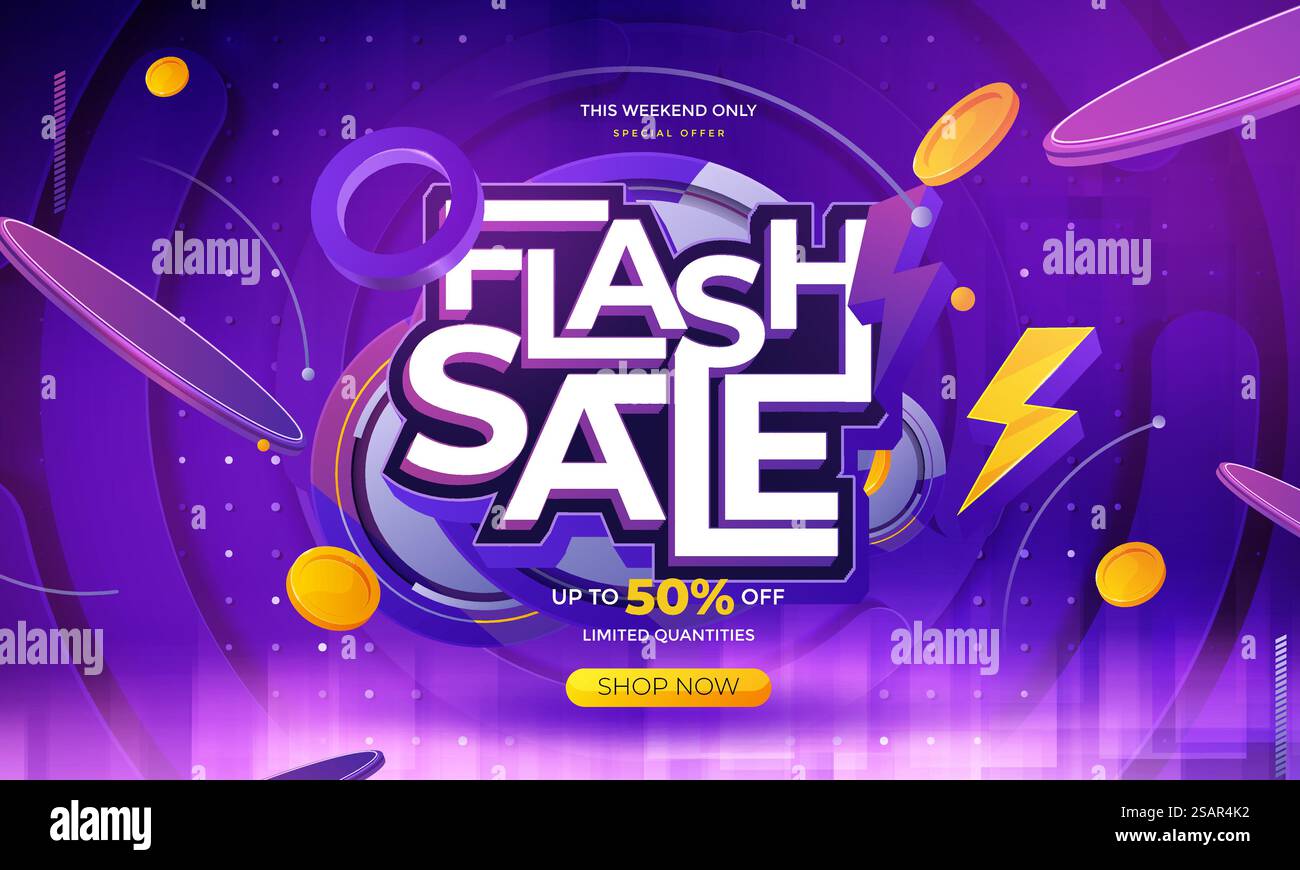 Flash-Werbebanner mit Podium und fliegendem Rabattschild, Verkaufs- und Rabatthintergrund Stock Vektor