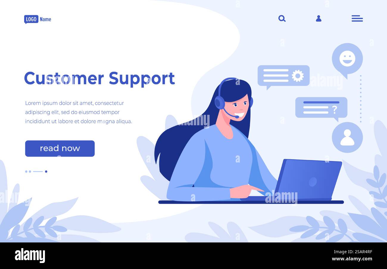 Landing-Page für den Kundensupport. Design der Callcenter-Website. Online-Unterstützung und Feedback für Kunden. Cartoon-weibliche Bedienerin, die Probleme löst oder Fragen beantwortet. Vektor-Webinterface-Mockup. Landing-Page für den Kundensupport. Design der Callcenter-Website. Online-Unterstützung und Feedback für Kunden. Weibliche Bedienerin, die Probleme löst oder Fragen beantwortet. Modell der Vektorschnittstelle Stock Vektor