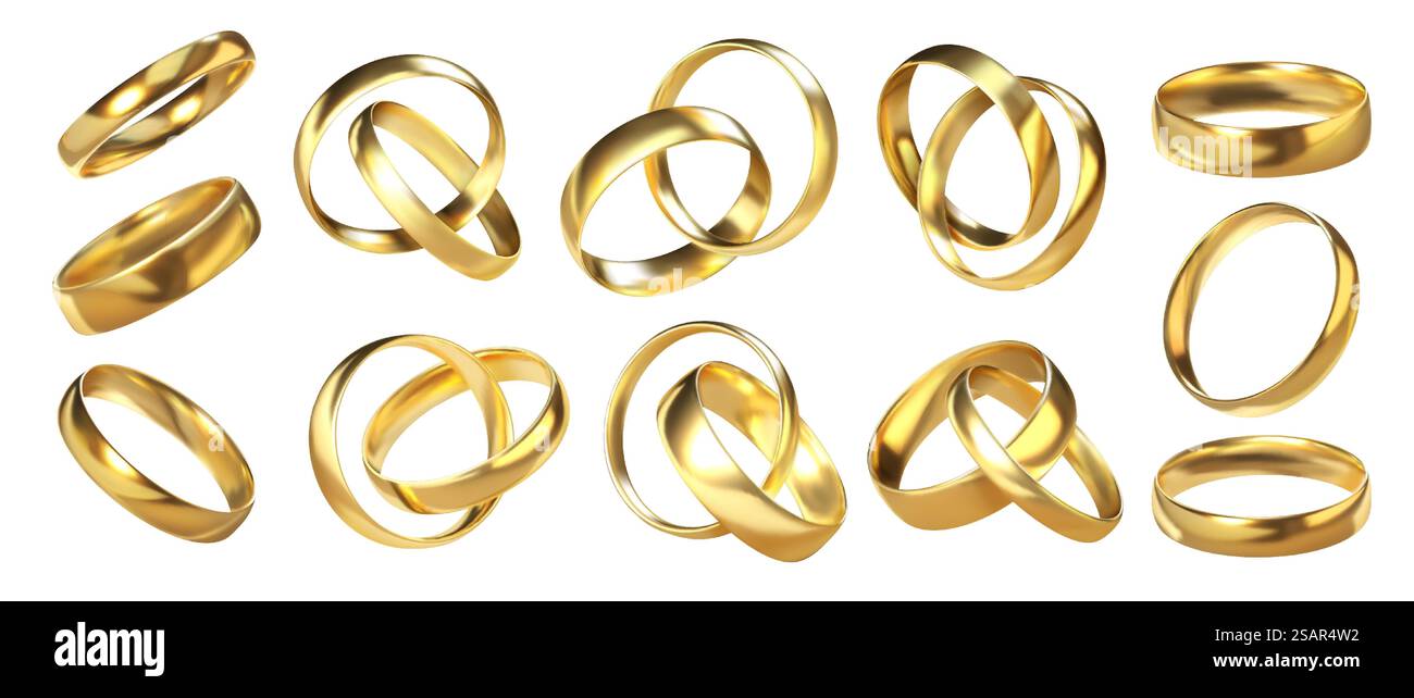 Ringpaare. Goldene 3D Hochzeit glänzende Accessoires. Realistischer Hochglanzschmuck für Heirat oder Verlobung. Blick von verschiedenen Seiten auf isolierte traditionelle Juwelen. Goldene Bijouterie, Vektorsymbolobjekte gesetzt. Ringpaare. Goldene 3D-Hochzeitszubehör. Realistischer Heirat- oder Verlobungsschmuck. Blick von verschiedenen Seiten auf isolierte traditionelle Juwelen. Goldene Bijouterie, Vektorsymbolobjekte gesetzt Stock Vektor