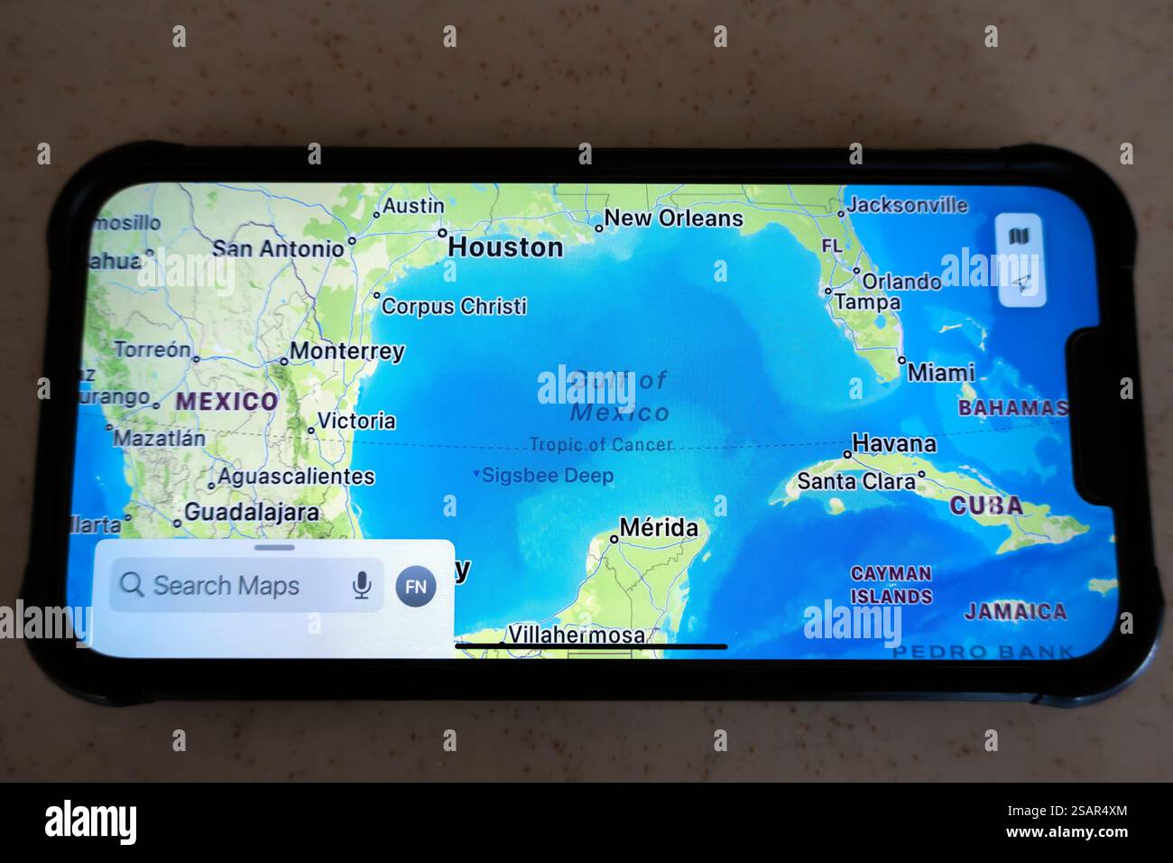 Karte auf dem iPhone des Golfs von Mexiko, Mexiko, der Vereinigten Staaten und der Karibik Stockfoto
