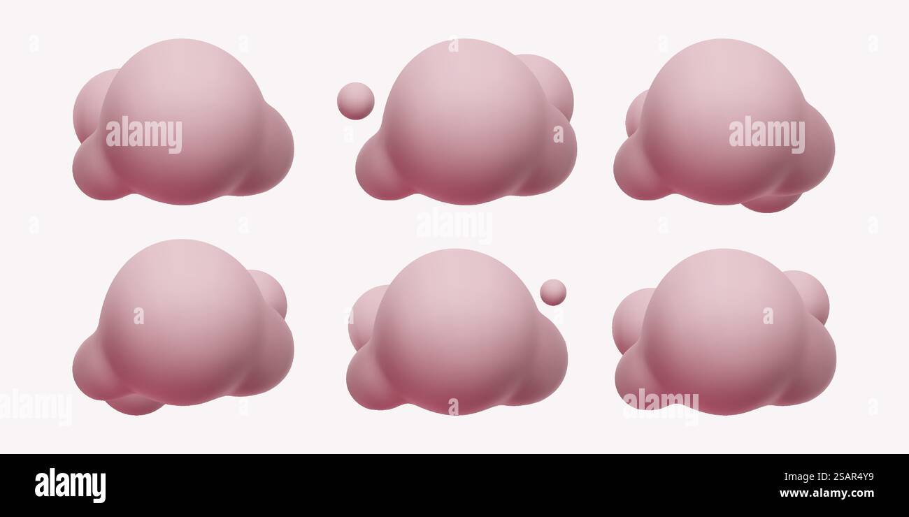 Rosa weiße 3D realistische Wolken, isoliert auf einem rosa Pastellhintergrund. Rendern Sie ein weiches, rundes Cartoon-Symbol mit flauschigen Wolken am Himmel. 3D-Vektordarstellung geometrischer Formen Stock Vektor
