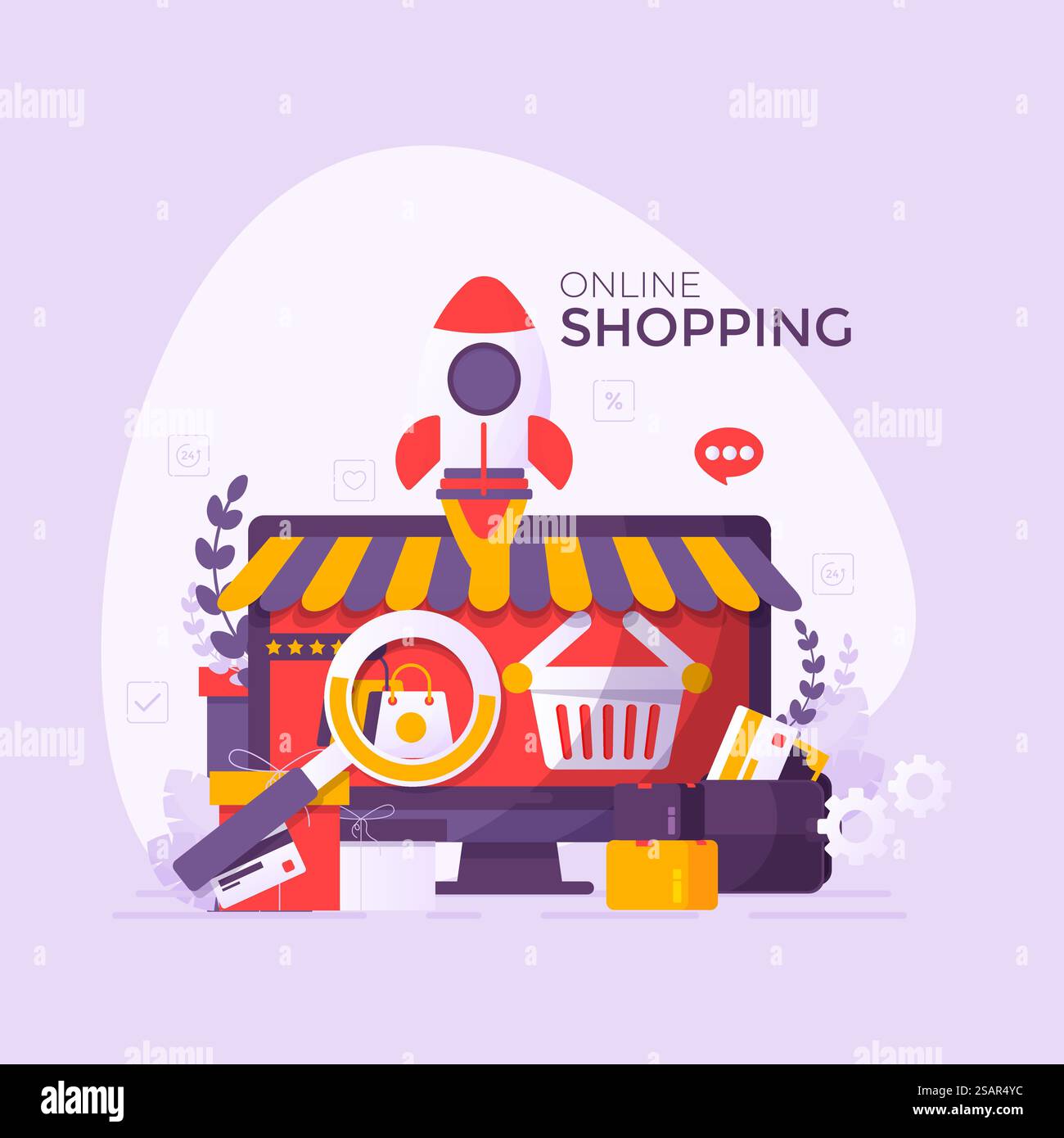 Online-Shopping mit Mobile Application Vector Concept. Mit Aufbewahrungstasche und Geschenkbox. Blauer Himmel im Hintergrund und weißes Smartphone zeigen das Display-Symbol in den Regalen. Illustration für digitales Marketing Stock Vektor