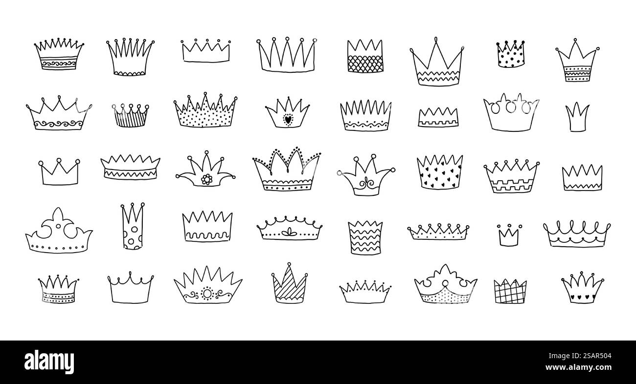 Kritzelkronen. Dekorative handgezeichnete Symbole des Königs und der Königin. Line Art Urban Graffiti-Elemente-Set. Prinz- oder Prinzessin-Kopfbedeckung. Isolierte, niedliche Logoskizzen. Vektor mittelalterliche Königreich Diadem Ikonen. Kritzelkronen. Dekorative handgezeichnete Symbole des Königs und der Königin. Graffiti-Elemente-Set für Linien-Kunst. Prinz- oder Prinzessin-Kopfbedeckung. Isolierte Logoskizzen. Vektor mittelalterliche Königreich Diadem Ikonen Stock Vektor