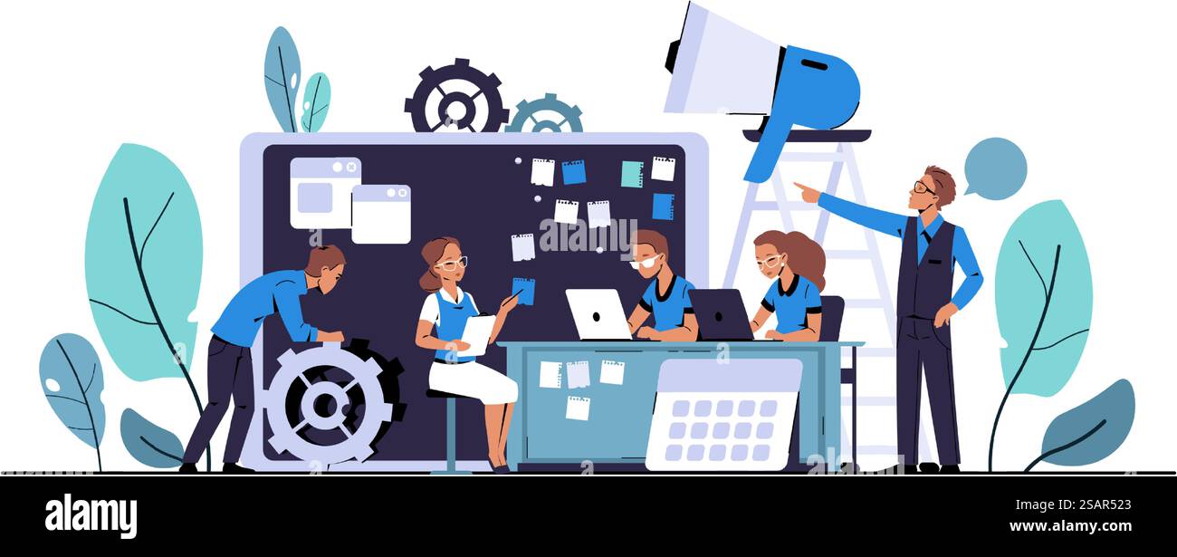 Scrum-Entwicklung. Agile Board-Methodik. Zeichentrickfiguren, die Geschäftsprojekte und -Aufgaben planen. Mitarbeiter im Büro. Teamarbeit und Brainstorming. Effektives Arbeitsmanagement. Vektor-Kanban-Methode. Scrum-Entwicklung. Agile Board-Methodik. Zeichen, die Geschäftsprojekte und Aufgaben planen. Mitarbeiter im Büro. Teamarbeit und Brainstorming. Effektives Management. Vektor-Kanban-Methode Stock Vektor