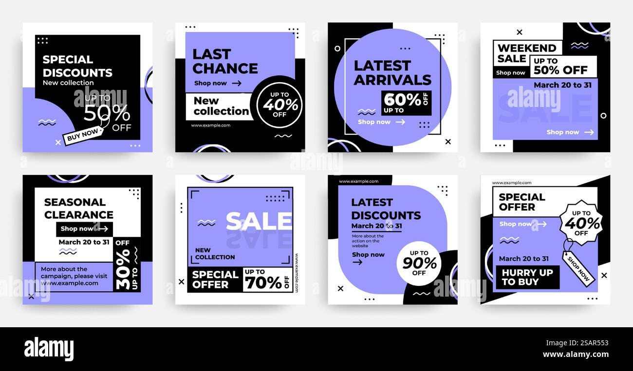 Werbebanner. Social Media Post Design, Rabatt oder Angebote Newsletter und Coupon Vorlagen. Moderne quadratische Webwerbung. Einfarbige Flyer mit lila Rahmen und Werbeschriftung, Vektorset. Werbebanner. Post-Design in sozialen Medien, Rabatt-Newsletter und Gutscheinvorlagen. Quadratische Webwerbung. Einfarbige Flyer mit lila Rahmen und Werbeschriftung, Vektorset Stock Vektor