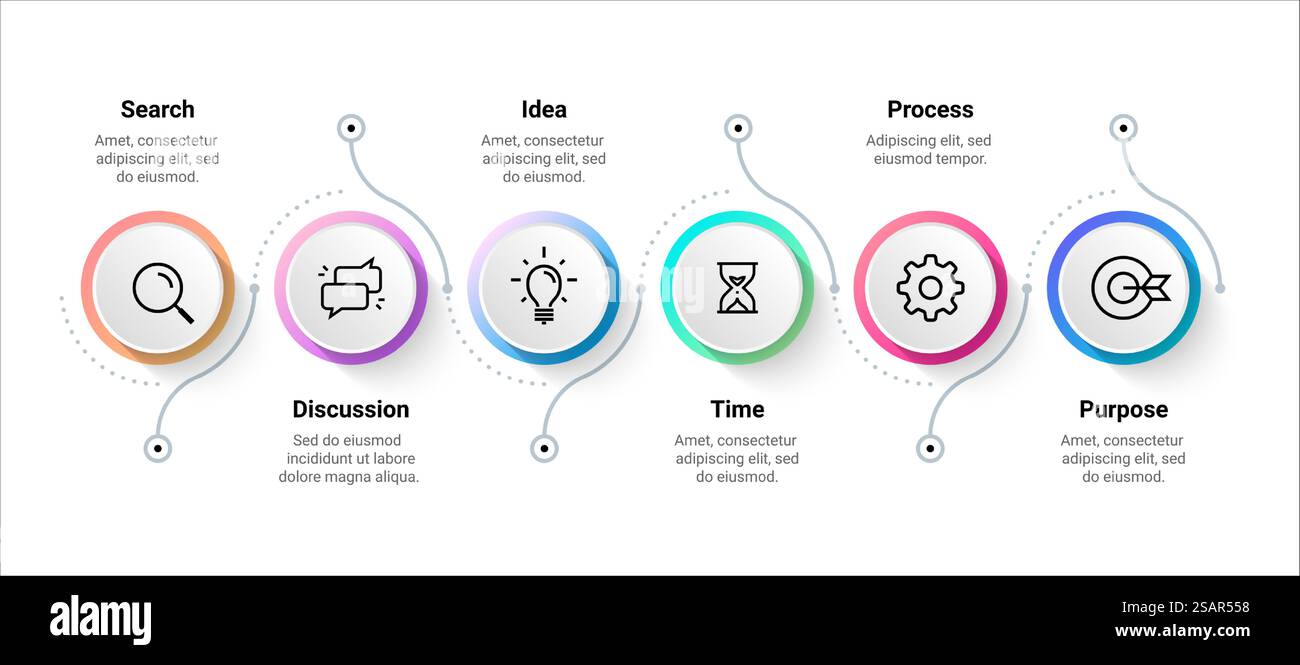 Infografik zum Fluss. Diagramm der Schrittzeitachse, Workflow-Prozessschema. Farbenfrohe Ablaufdiagramm-Sequenzvorlage für Präsentationen und Elemente zur Informationsvisualisierung. Geschäftsstrategie, vektoreffektive Planung. Infografik zum Fluss. Diagramm der Schrittzeitachse, Workflow-Prozessschema. Ablaufdiagramm-Sequenzvorlage für Präsentation und Informationsvisualisierung. Geschäftsstrategie, vektoreffektive Planung Stock Vektor