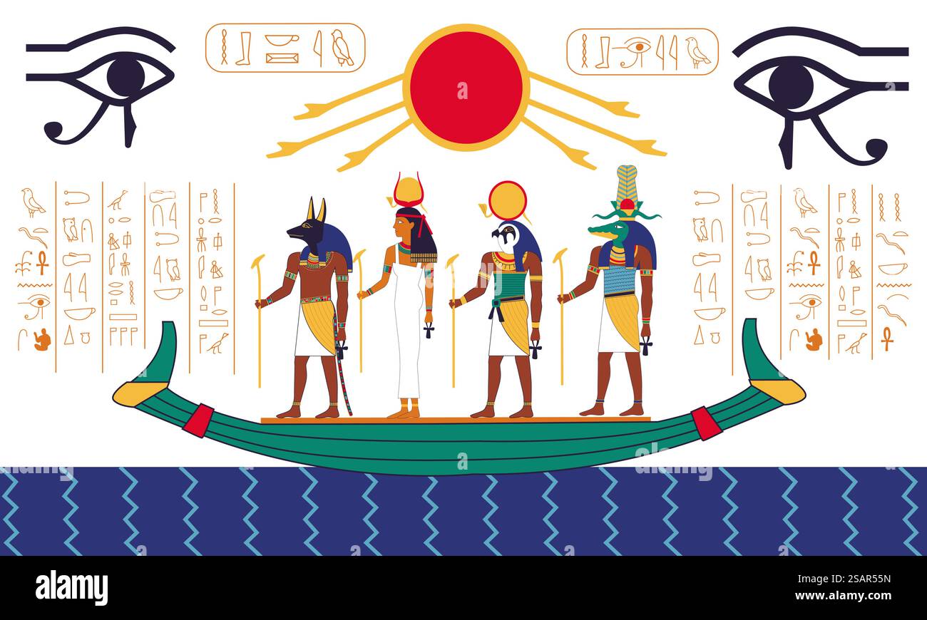 Ägypten-Szene. Fresko der antiken Mythologie mit ägyptischen religiösen göttlichen Charakteren und Hieroglyphen. Götter segeln auf dem Boot auf dem Wasser. Alte traditionelle Kunst, buntes heiliges Wandgemälde. Vektor-historische Illustration. Ägypten-Szene. Fresko der antiken Mythologie mit ägyptischen religiösen Charakteren und Hieroglyphen. Götter segeln auf dem Boot auf dem Wasser. Alte traditionelle Kunst, heiliges Wandgemälde. Vektor-historische Illustration Stock Vektor