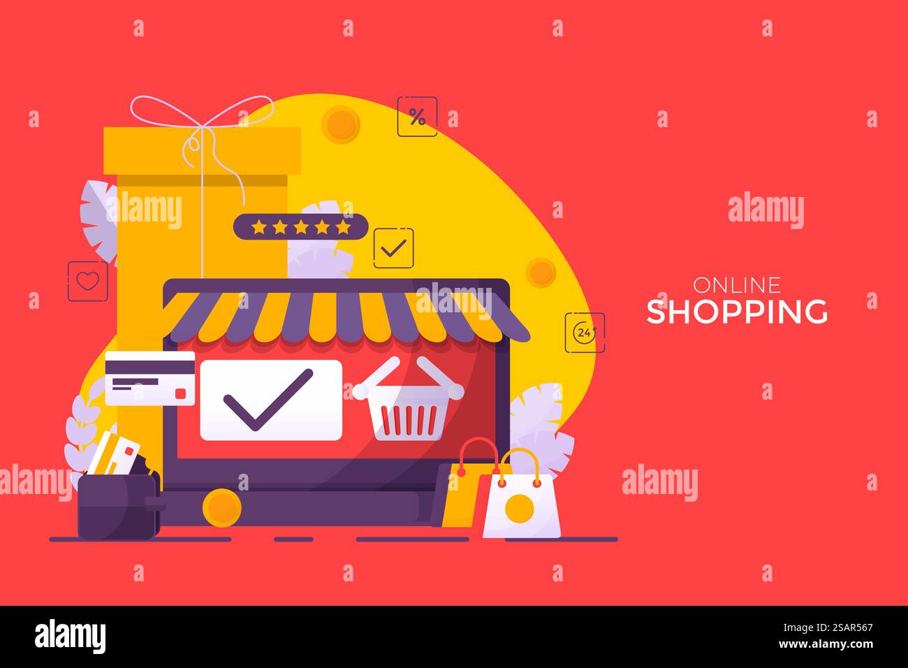 Online-Shopping mit Mobile Application Vector Concept. Mit Aufbewahrungstasche und Geschenkbox. Blauer Himmel im Hintergrund und weißes Smartphone zeigen das Display-Symbol in den Regalen. Illustration für digitales Marketing Stock Vektor