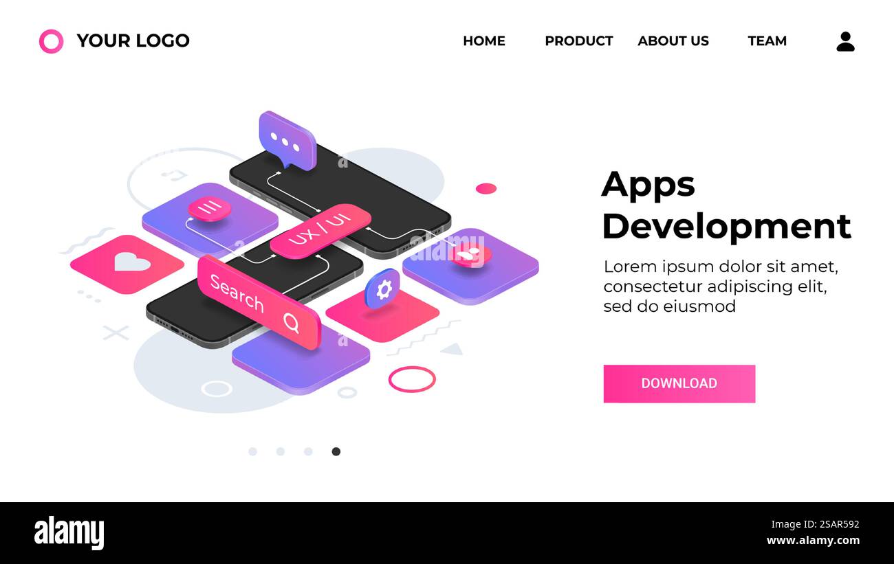 Landing-Page für die Entwicklung von Apps. Design der Website-UX-Schnittstelle. Anwendungsupdate. Web-UI-Modell mit Download-Schaltfläche und Platzierung für Logo. Vektorrealistische Smartphones auf abstraktem memphis-Hintergrund. Landing-Page für die Entwicklung von Apps. Website-UX-Schnittstelle. Anwendungsupdate. Web-Benutzeroberfläche mit Download-Schaltfläche und Platzierung für Logo. Vektorrealistische Smartphones auf abstraktem memphis-Hintergrund Stock Vektor