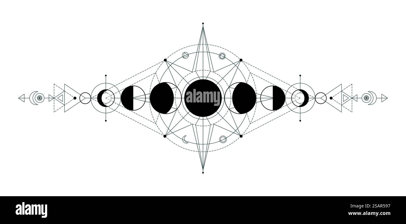 Mondphasen. Astrologie Himmelssymbole. Mystisches Schwarz-weiß-Piktogramm. Abstrakte Konturskizze des Mondzyklus. Dekorative okkulte Tätowierung, kosmisches Linienzeichen. Vektorgravur mysteriöses Weltraumsymbol. Mondphasen. Astrologie Himmelssymbole. Mystisches Schwarz-weiß-Piktogramm. Abstrakte Skizze des Mondzyklus. Dekorative okkulte Tätowierung, kosmisches Zeichen. Vektorgravur mysteriöses Weltraumsymbol Stock Vektor