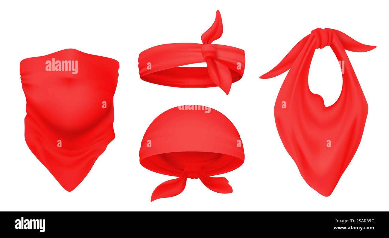 Rotes Bandana. Realistische 3D-Kopfbänder. Arten, Schal an Kopf und Hals zu tragen. Isolierte, scharlachfarbene Taschentücher-Vorlage. Trendiges Zubehörset, Unisex-Kopfbedeckung oder Gesichtsverband. Vektor-Textil-Kopfbedeckung. Rotes Bandana. Realistische 3D-Kopfbänder. Arten, Schal an Kopf und Hals zu tragen. Vorlage für isolierte gebundene Taschentücher. Trendiges Zubehör-Set, Unisex-Kopfbedeckung oder Gesichtsverband, Vektor-Kopfbedeckung Stock Vektor