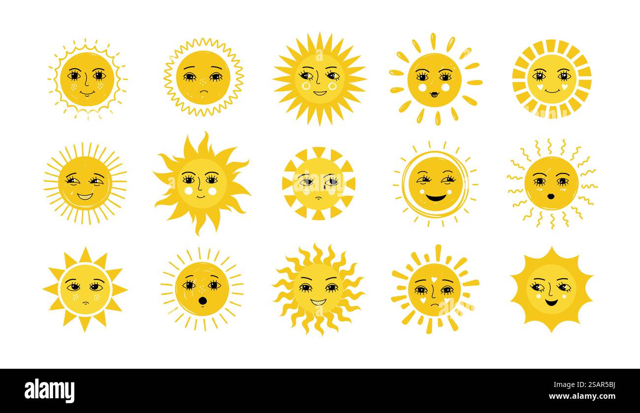Sonnenblende. Kritzelnd gelbes Lächeln mit Sonnenstrahlen. Isoliertes, glückliches und trauriges Emoji-Set. Lustige Aufkleber bei sonnigem Wetter. Handgezeichnete trendige runde Formen. Vektor-Cartoon Sonnenuntergang oder Sonnenaufgang helle grafische Elemente. Sonnenblende. Kritzelnd gelbes Lächeln mit Sonnenstrahlen. Isoliertes, glückliches und trauriges Emoji-Set. Lustige Aufkleber bei sonnigem Wetter. Handgezeichnete runde Formen. Vektor-Zeichentrickfilm Sonnenuntergang oder Sonnenaufgang grafische Elemente Stock Vektor