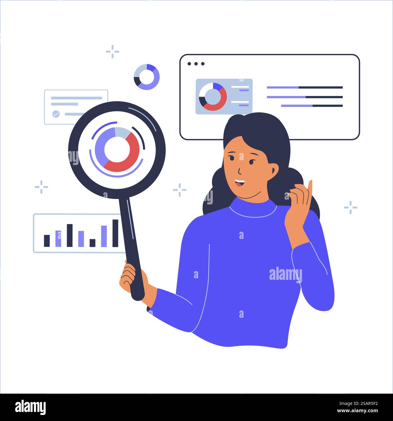 Geschäftsfrau Analystin mit Lupe analysiert Diagramm und Diagramm. Datenanalyse und Statistik. Illustration der Vektorabwicklung Stock Vektor