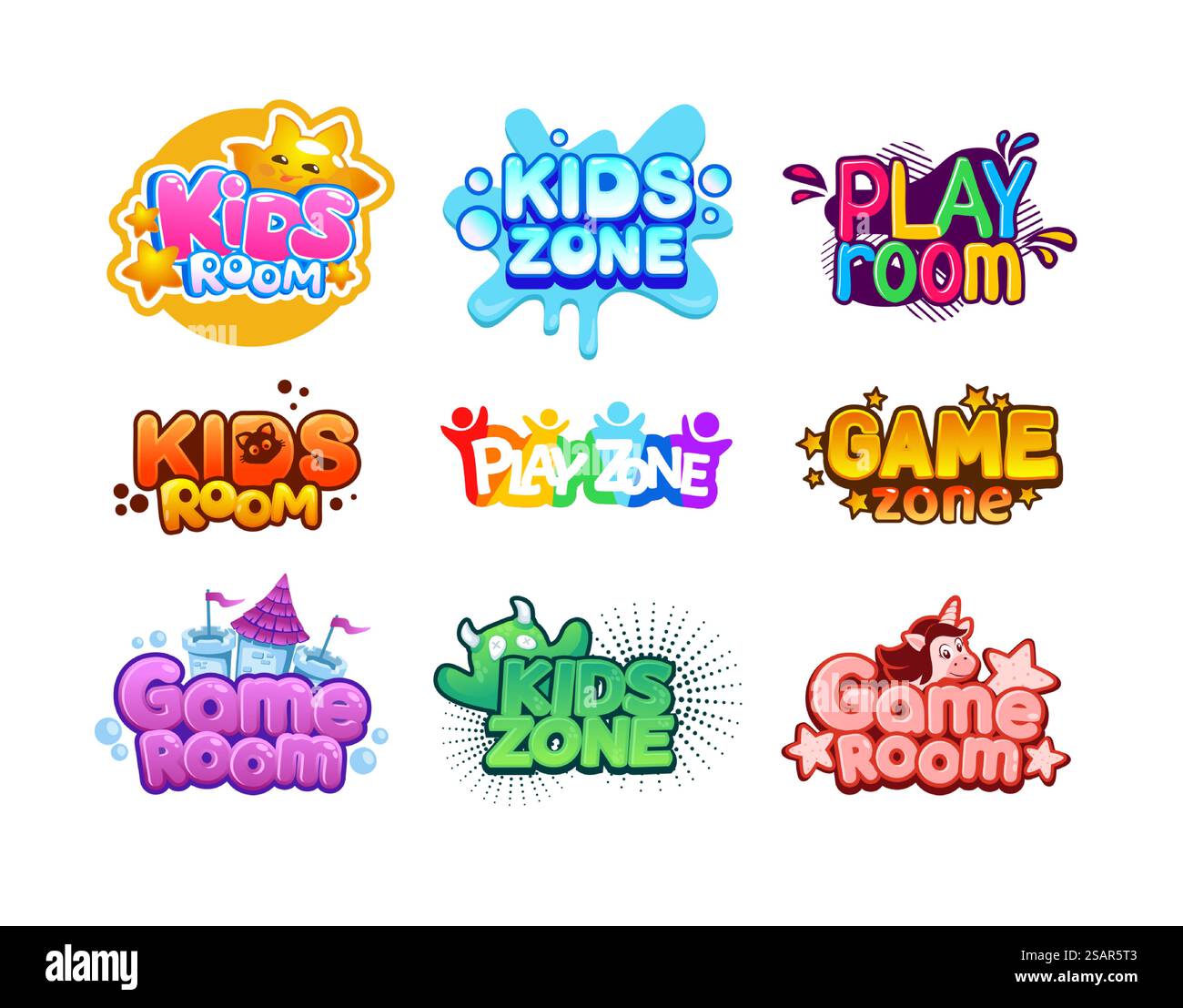 Kinderbereich. Kinderspielzimmer mit Zeichentrickfilm. Unterhaltsames Spielplatz-Logo-Set. Lustige Spielzimmer-Banner-Mockup. Bunte typografische Party-Aufkleber mit Schriftzug. Vector Baby Freizeitbereich für Spiele. Kinderbereich. Kinderspielzimmer mit Zeichentrickfilm. Unterhaltsames Spielplatz-Logo-Set. Lustige Banner für Spielzimmer. Bunte typografische Partyaufkleber mit Schriftzug. Vector Baby Freizeitbereich für Spiele Stock Vektor