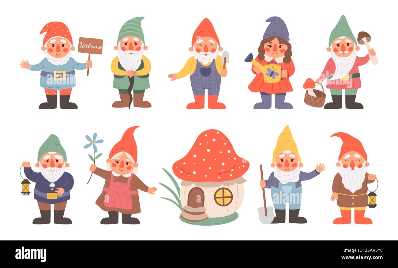 Feenzwerg. Cartoon-Gnom-Charaktere mit lustigen Hüten. Kleine magische bärtige Zwerge. Isolierte fiktive Liliputianer grüßen winkende Hände. Süßes Pilzhaus. Vektor dekorative Gartenfiguren Set. Feenzwerg. Cartoon-Gnom-Charaktere mit lustigen Hüten. Kleine magische bärtige Zwerge. Isolierte fiktive Liliputianer grüßen winkende Hände. Pilzhaus. Vektor Gartenfiguren Set Stock Vektor