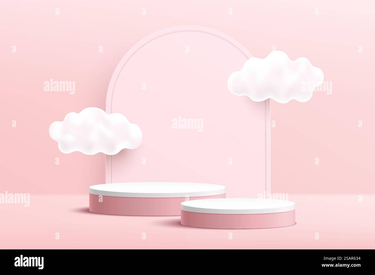 Abstraktes Podest mit rosa und weißem Zylinder in 3D mit Wolkenhimmel und geometrischem Hintergrund. Niedliches Rosa, minimales Wandmotiv. Geometrische Plattform für Vektor-Rendering für valentinsprodukte. Stock Vektor
