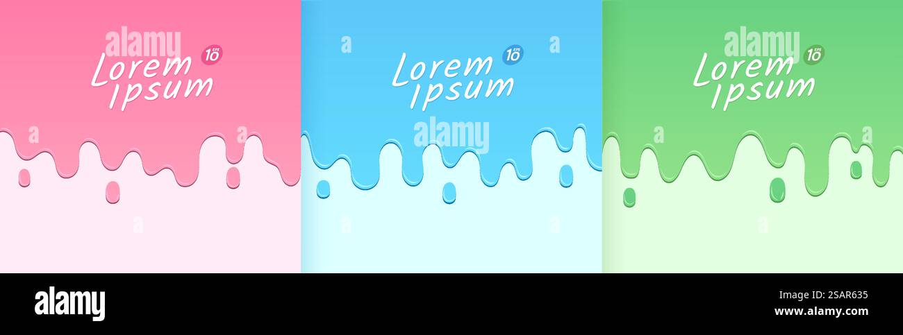 Set aus abstraktem grünem, rosa und hellblauem fließendem Tropfen mit Kopierraum. Minimalistischer Stil. Einfaches flaches, trendiges Farbdesign für Präsentation, Flyer, Broschüre, Website, Titelseite, Buch. EPS10-Vektor Stock Vektor