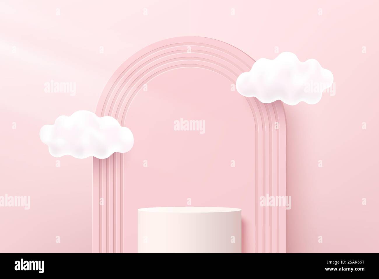 Abstraktes weißes 3D-Zylindersockel oder Podium mit Bögen im Hintergrund und Wolken fliegen. Pastellrosa Minimalszene für die Präsentation von Kosmetikprodukten. Geometrische Vektor-Rendering-Plattform. Stock Vektor