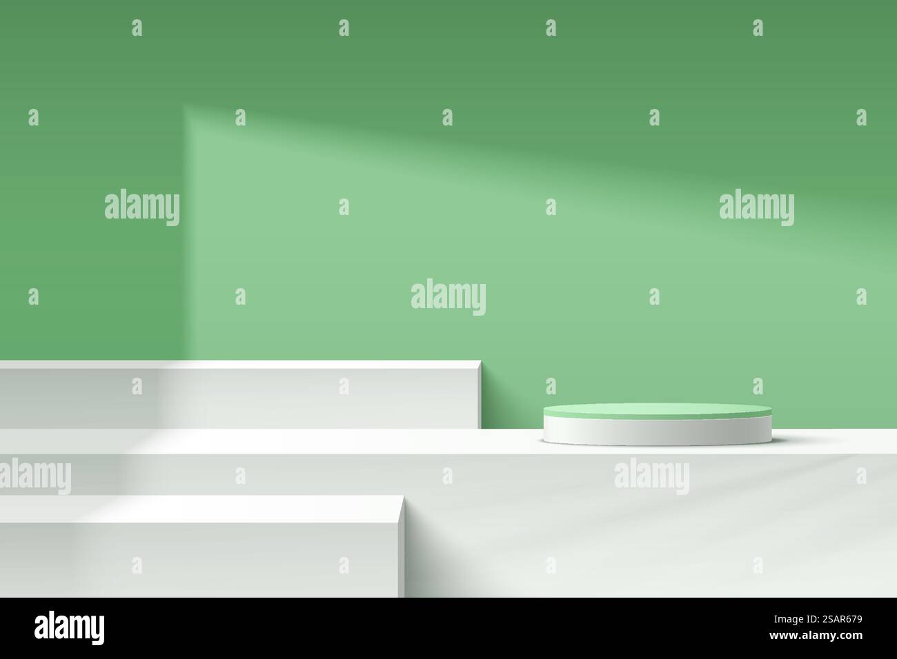 Abstraktes, weißes, geometrisches 3D-Podest oder Podium mit pastellgrüner minimaler Wandszene im Schatten. Moderne geometrische Plattform für Vektor-Rendering für die Präsentation kosmetischer Produkte. Vektorabbildung Stock Vektor