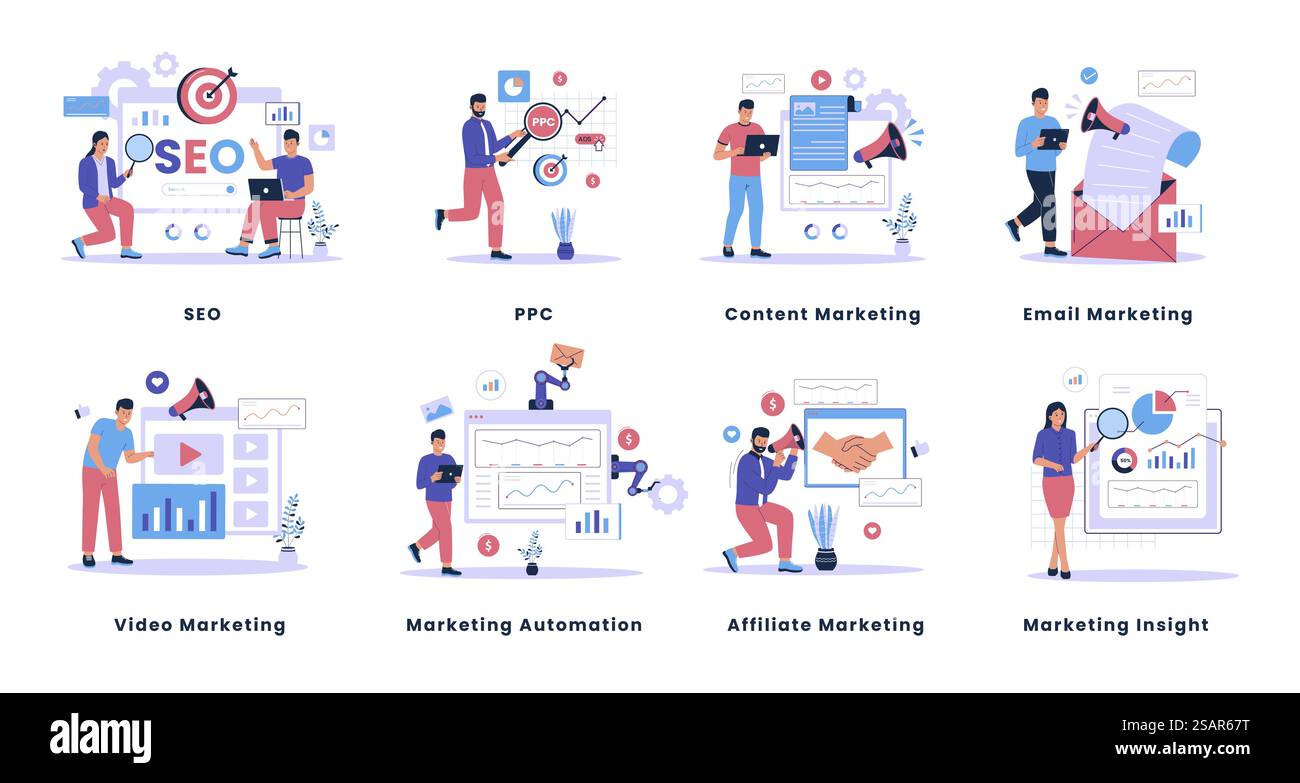 Digital Marketing Illustrations Set Kollektion. Suchmaschinenoptimierung, ppc, Content-Marketing, E-Mail-Marketing, Marketingautomatisierung, Affiliate-Marketing, Marketing-Einblicke. Abbildung mit flachem Design Stock Vektor