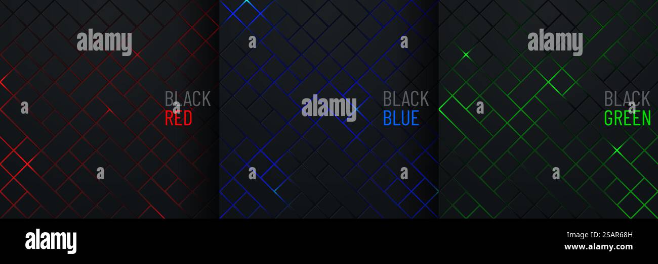 Satz von schwarzem quadratischem Muster auf leuchtend rotem, blauem, grünem neonfarbenen Hintergrund im Technologiestil. Modernes futuristisches Design mit geometrischer Form. Sie können sie für Deckblattschablone, Poster verwenden. Stock Vektor