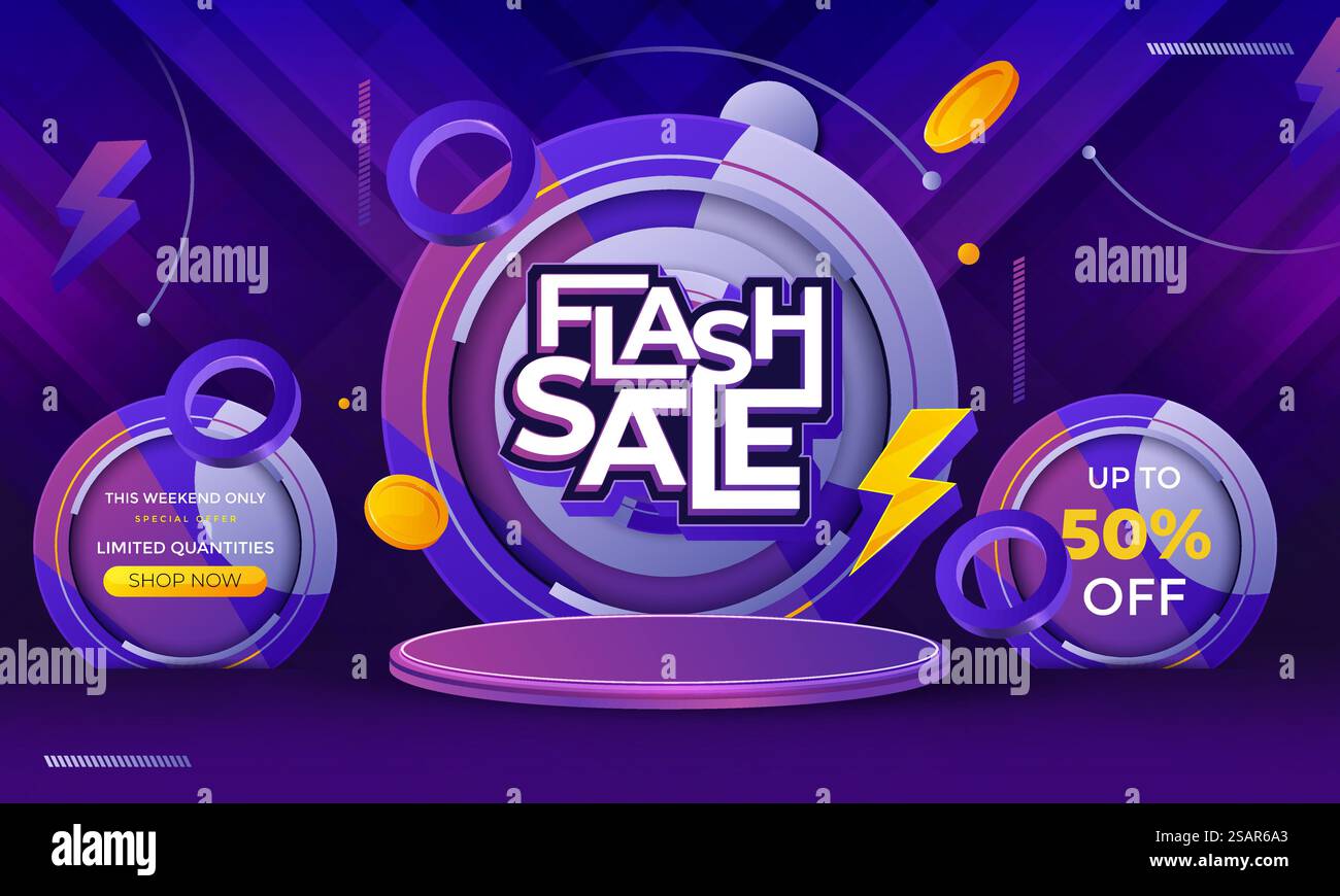 Flash-Werbebanner mit Podium und fliegendem Rabattschild, Verkaufs- und Rabatthintergrund Stock Vektor