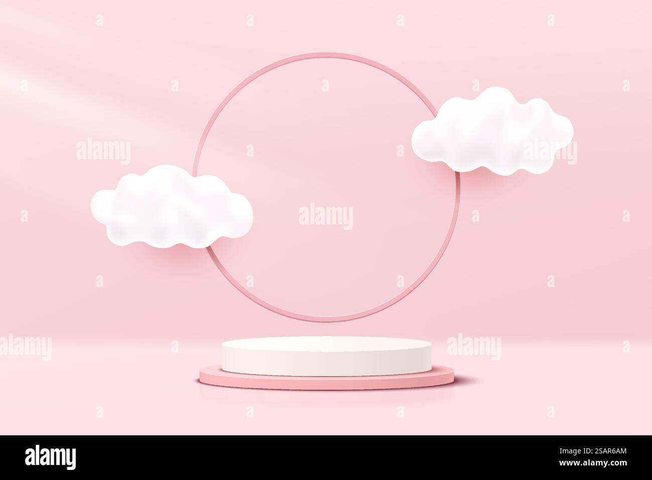 Abstraktes Podest mit weißem, rosafarbenem 3D-Zylinder und Wolkenflug und kreisförmigem Ring im Hintergrund. Pastell-rosa Minimalszene für Produktpräsentationen. Geometrische Vektorkonstruktion für die Rendering-Plattform. Stock Vektor
