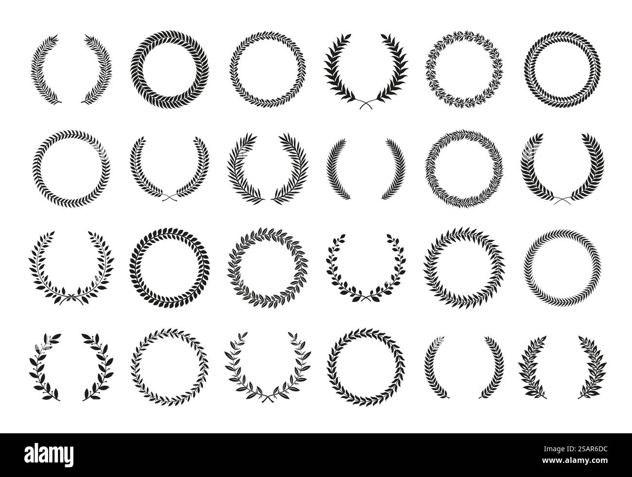 Kranz-Logo. Lorbeerzweig mit Blättern im Kreis. Traditioneller, preisgekrönter griechischer Rahmen. Kollektion mit Blumen- und Trophäensymbolen. Isolierte schwarze Pflanzensilhouetten. Vektor elegante Schilder Set. Kranz-Logo. Lorbeerzweig mit Blättern im Kreis. Traditioneller, preisgekrönter griechischer Rahmen. Friedens- und Trophäensymbole. Schwarze Pflanzensilhouetten. Vektor elegante Schilder Set Stock Vektor