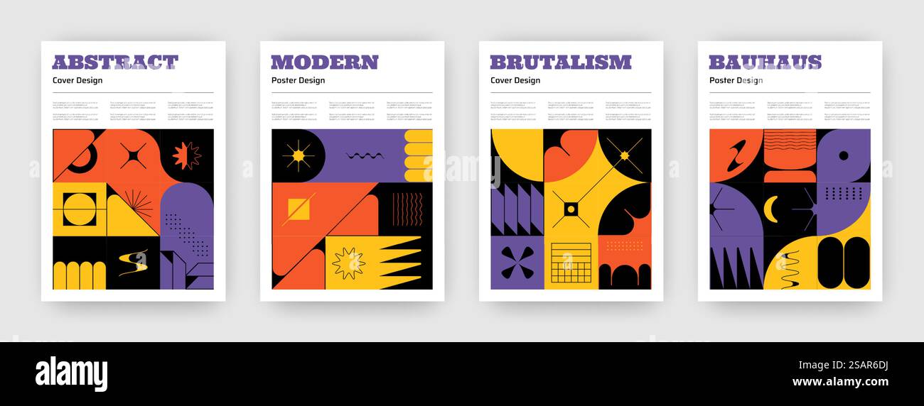 Poster des Brutalismus. Bauhaus-Bucheinbände mit trendigen, minimalistischen geometrischen, zeitgenössischen Formen. Mockup mit modernem Flyer-Design. Abstrakte, helle grafische Figuren und Konturschilder. Vektor-Banner-Set. Poster des Brutalismus. Bauhaus-Bucheinbände mit minimalistischen geometrischen zeitgenössischen Formen. Mockup mit modernem Flyer-Design. Abstrakte helle Figuren und Konturschilder. Vektor-Banner-Set Stock Vektor