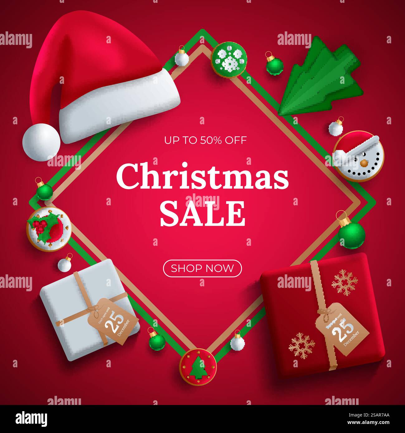 Weihnachtskarte Vektor Hintergrund, bunte Elemente und Ornament in rotem Hintergrund. Vektorabbildung. Stock Vektor