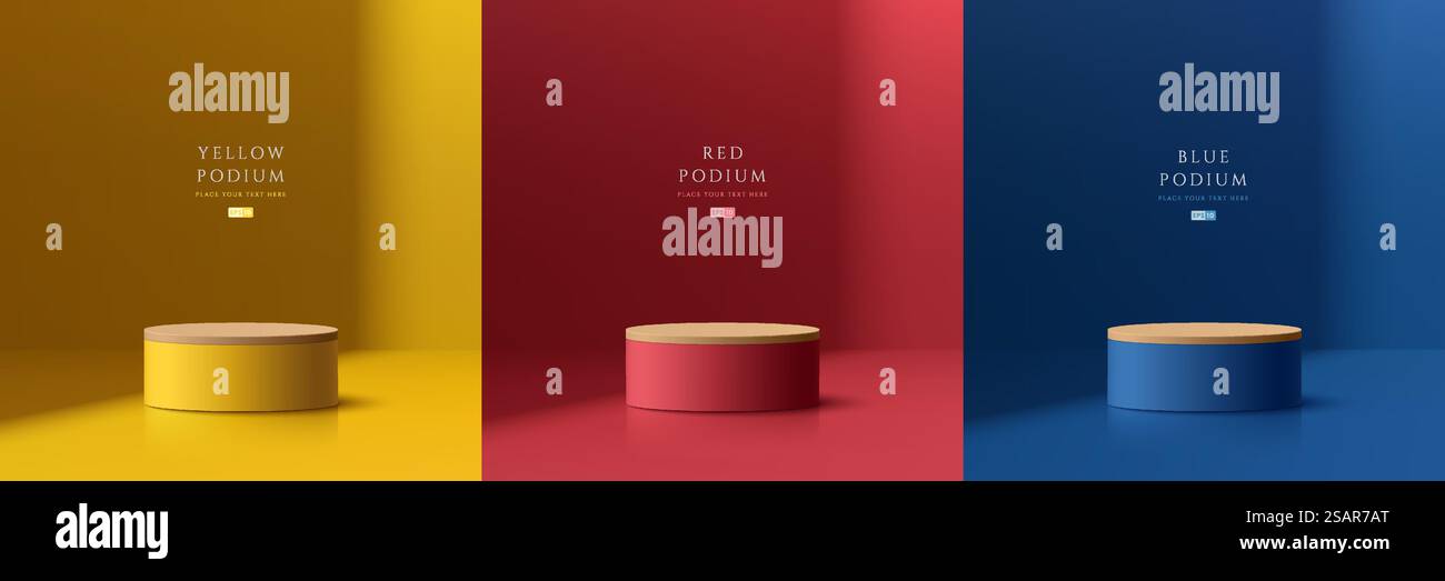 Set aus abstrakten 3D-Räumen mit realistischem Holzpodium in Gelb, Blau, Rot. Minimale Wandszene mit Licht- und Schattenhintergrund. Bühnenpräsentation, Modellvorstellung Produktpräsentation. Geometrische Vektorformen. Stock Vektor Set aus abstrakten 3D-Räumen mit realistischem Holzpodium in Gelb, Blau, Rot. Minimale Wandszene mit Licht- und Schattenhintergrund. Bühnenpräsentation, Modellvorstellung Produktpräsentation. Geometrische Vektorformen. Stock Vektor