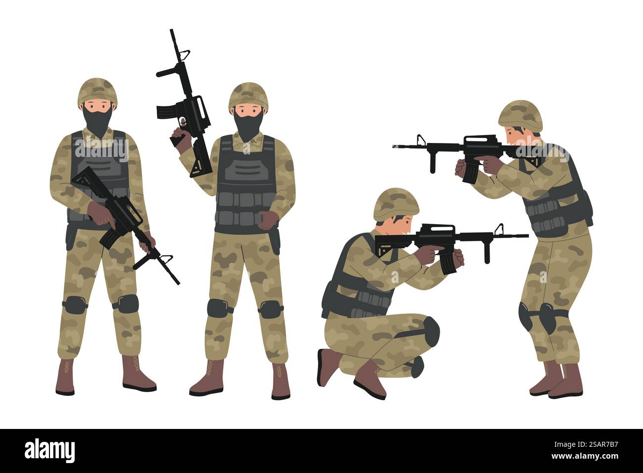 Sammlungsvektor von Männern in Militäruniform. Das Konzept der voll bewaffneten Soldaten. Flaches Kollektionsset Stock Vektor