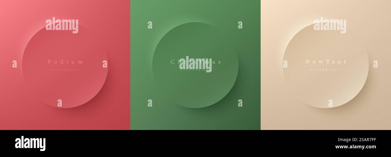 Set aus abstraktem 3D-Rahmendesign in Beige, Grün und Rot für weihnachtsartikel. Sammlung von trendigen farbigen geometrischen Hintergründen mit Kopierraum. Szene mit Podest von oben. Vektor-EPS10 Stock Vektor