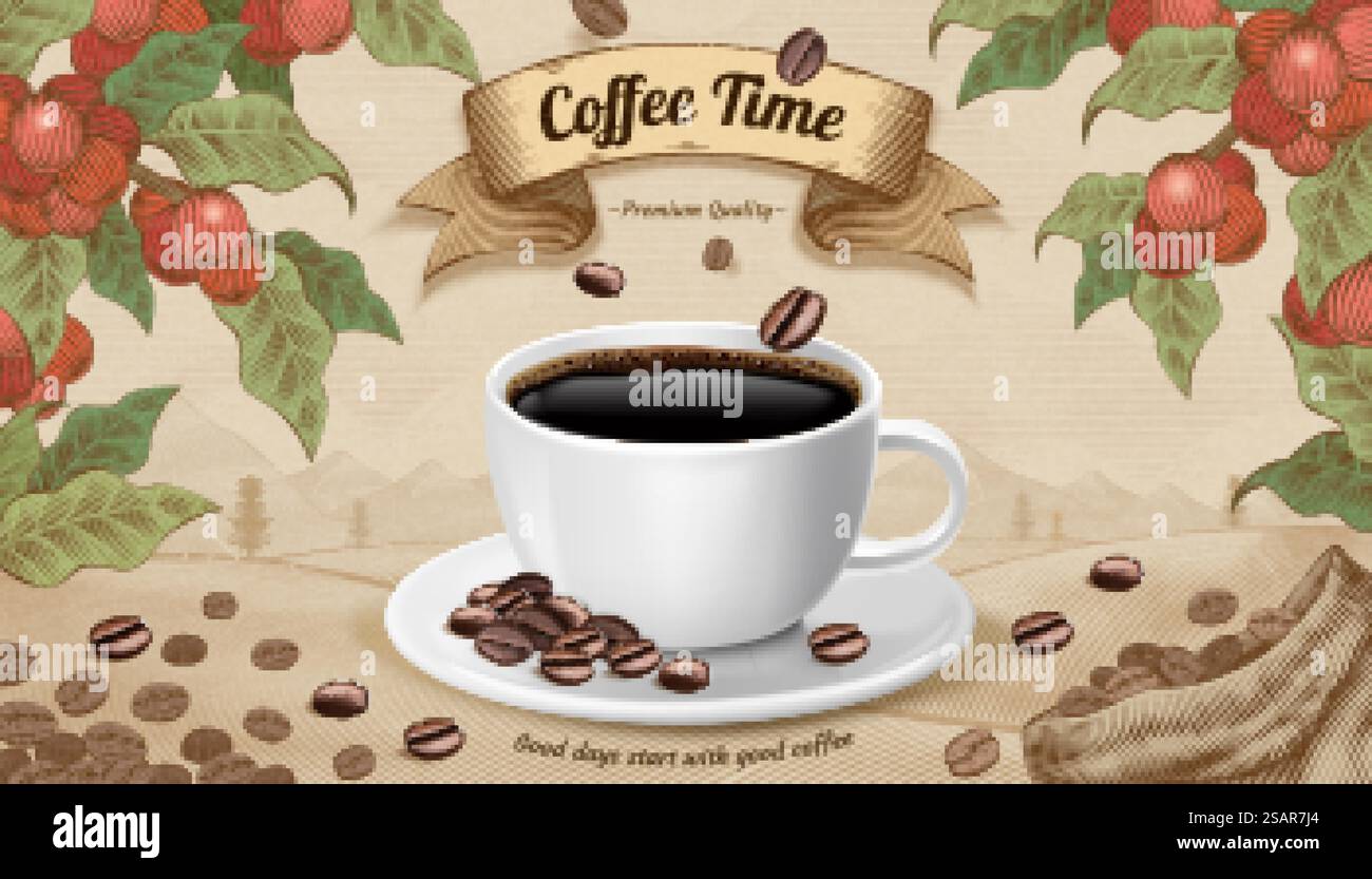 Gravurstil Coffee Time Concept Design, 3D Illustration Kaffeetasse und Bohnen. Coffee Time Concept im Gravurstil Stock Vektor