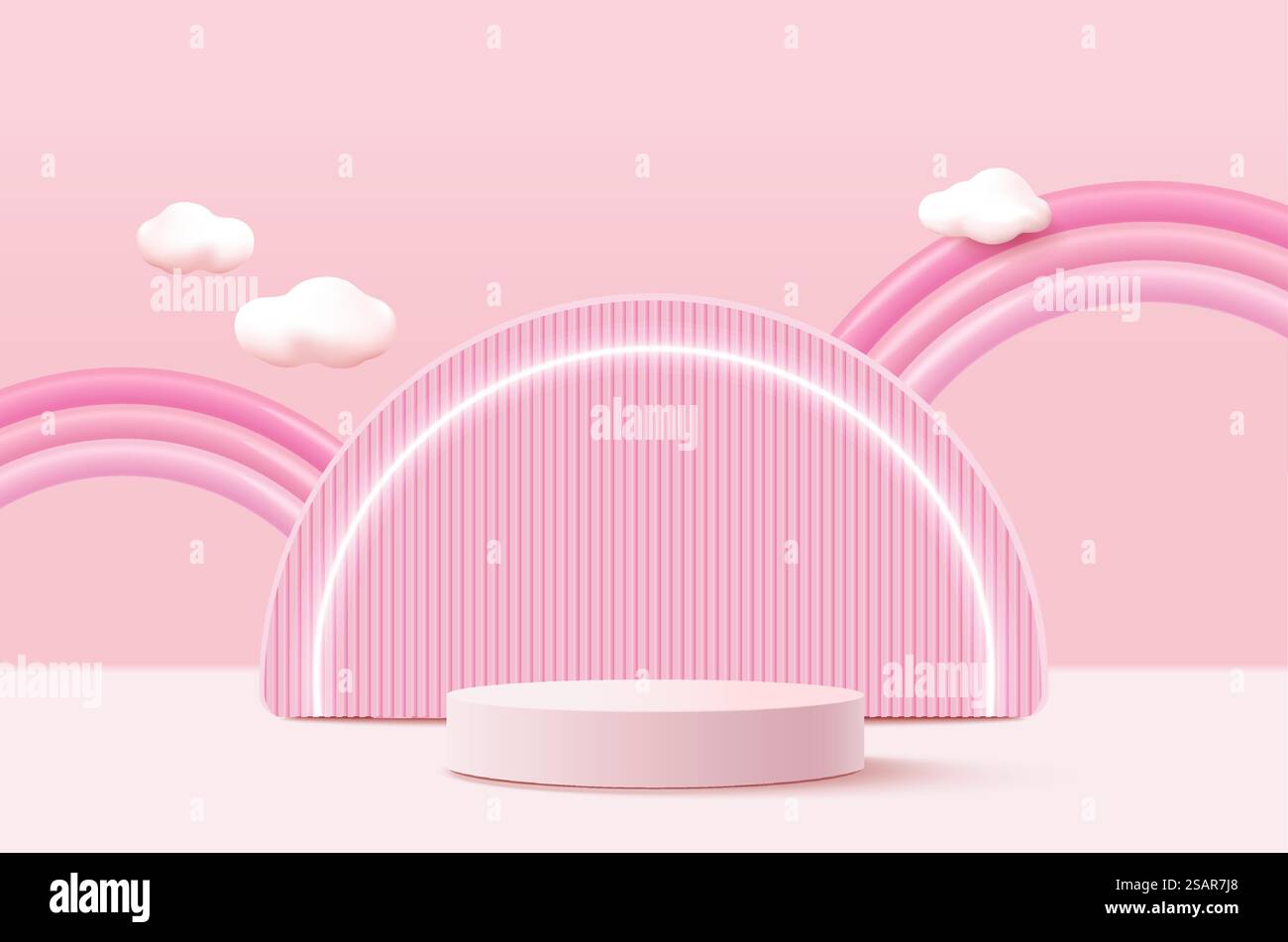 Realistisches Podest mit rosafarbenem und 3D-Zylinder mit leuchtendem Neonlicht. Eine minimale Szene für die Produktpräsentation und die Werbeaktion. Geometrische Vektorplattform. Stock Vektor