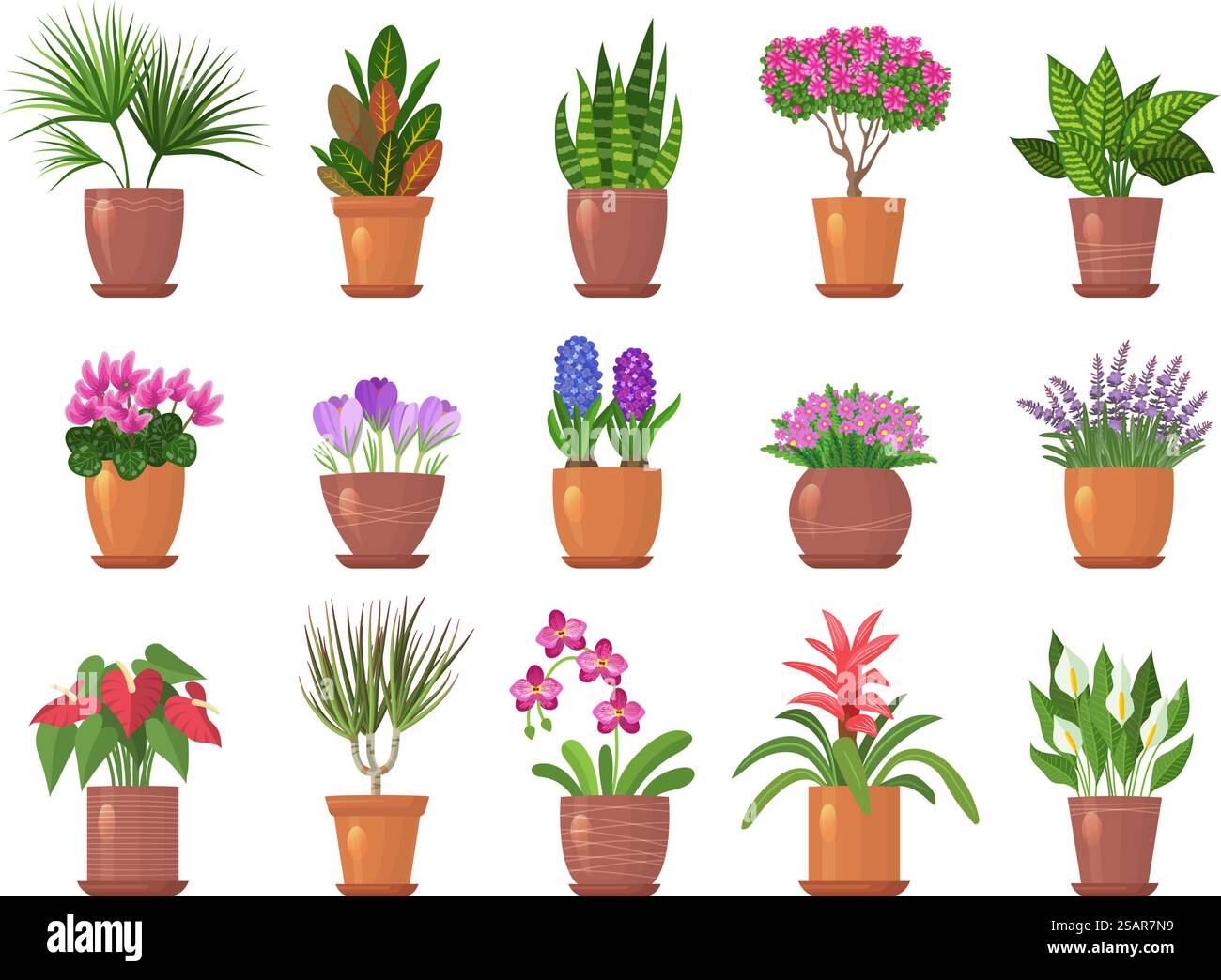 Blumentöpfe. Farbige Natur Sammlungen von Blättern und Blumen für den Innenraum dekoriert neue Vektor Vorlagen Set. Pflanztopf Blume Dekoration Illustration. Blumentöpfe. Farbige Natur Sammlungen von Blättern und Blumen für den Innenraum dekoriert neue Vektor Vorlagen Set Stock Vektor