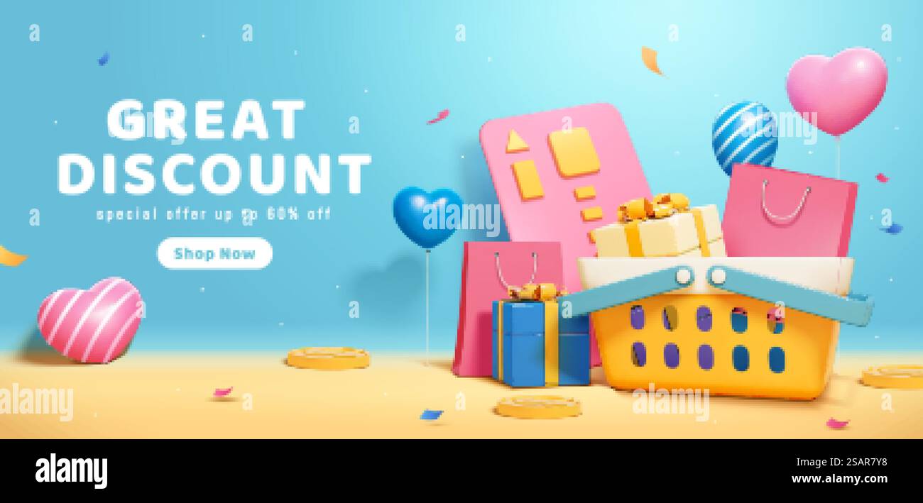 Blaues 3D-Verkaufsposter. Illustration eines mit Einkaufstasche und Geschenkbox beladenen Plastikkörbchens vor blauem Hintergrund aufsteigender Herzform Ballons. Blaues 3D-Verkaufsposter Stock Vektor