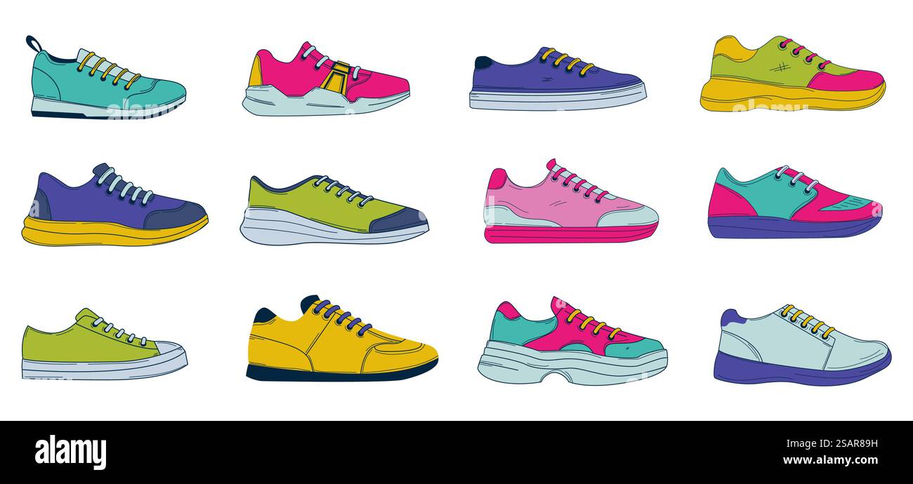 Sneakers mit Doodle-Design. Handgezeichnete Sport- und Freizeitschuhe. Farbige Fitness- und Modeschuhe für Herren oder Damen. Isoliertes Fußgerät mit Schnürsenkeln. Seitenansicht trendiger Unisex-Stiefel. Vektor Mode Kleidung Set. Sneakers mit Doodle-Design. Handgezeichnete Sport- und Freizeitschuhe. Farbige Fitness- und Modeschuhe für Herren oder Damen. Fußausrüstung mit Schnürsenkeln. Seitenansicht der Unisex-Stiefel. Vektor Mode Kleidung Set Stock Vektor