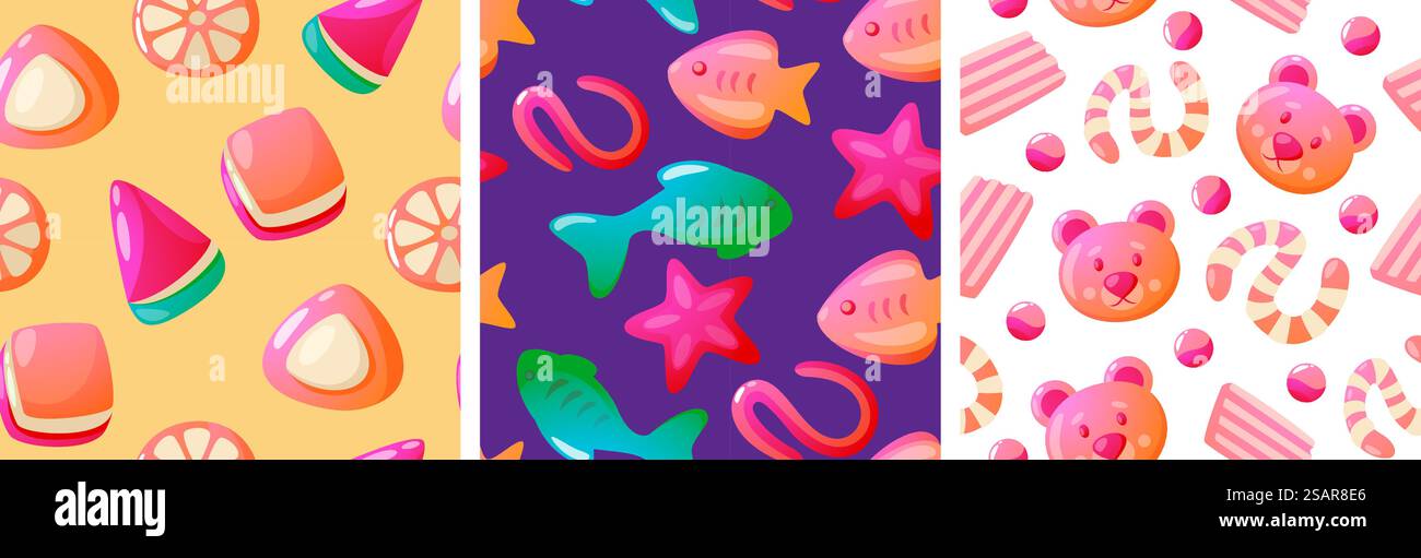 Gelee-Gummi-Muster. Nahtloser Druck aus bunten süßen Kaubonbons und repetitiver Textur in verschiedenen Formen. Vektortextur. Bunte Zuckermarmelade Fisch, Sterne, Wärme und Bären. Gelee-Gummi-Muster. Nahtloser Druck aus bunten süßen Kaubonbons und repetitiver Textur in verschiedenen Formen. Vektortextur Stock Vektor