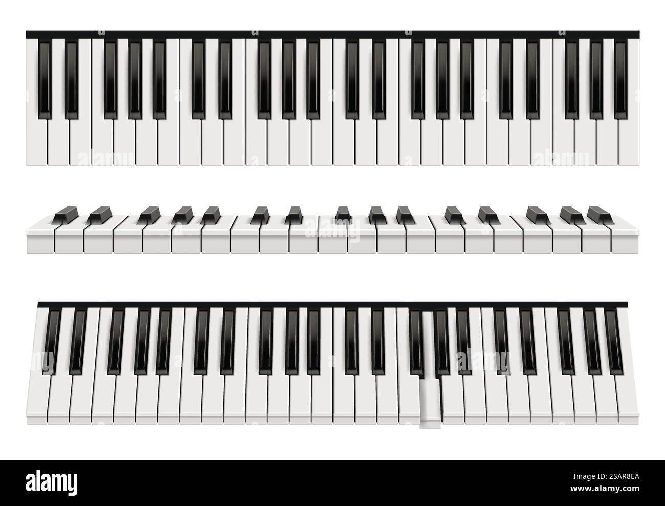 Klaviertastaturen. Realistisches Instrument für klassische Musik anständige Vektortastaturen in Schwarz und weiß. Abbildung: Klaviermusik Instrumententastatur. Klaviertastaturen. Realistisches Instrument für klassische Musik anständige Vektortastaturen in Schwarz und weiß Stock Vektor