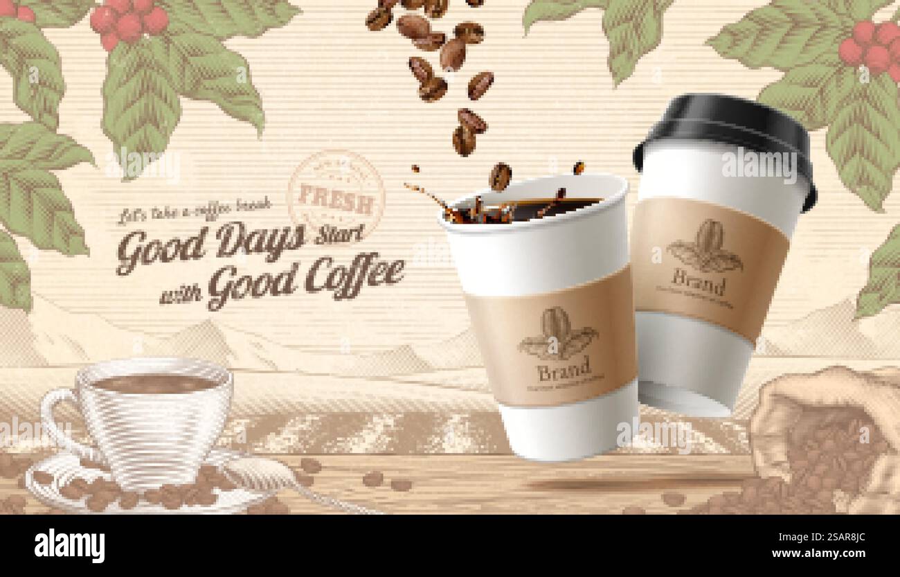 3D-Illustration für To-go-Kaffee-Werbung, rustikaler Hintergrund mit gerösteten Bohnen und Tasse auf Holztisch graviert. Gravieren von Werbung für To-Go-Kaffee Stock Vektor