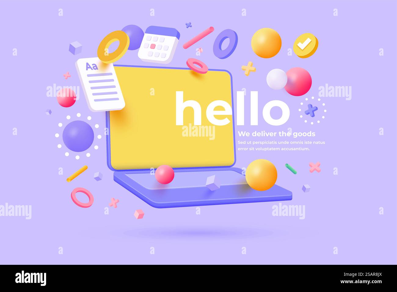 Kreatives Konzept für Unternehmen. Desktop-Computer vortäuschen. Bildschirmgerät Modell leerer Monitor. Realistische 3D-Konstruktion. Nachrichten senden soziale Netzwerke im Internet. Violetter Hintergrund. Vektorabbildung Stock Vektor