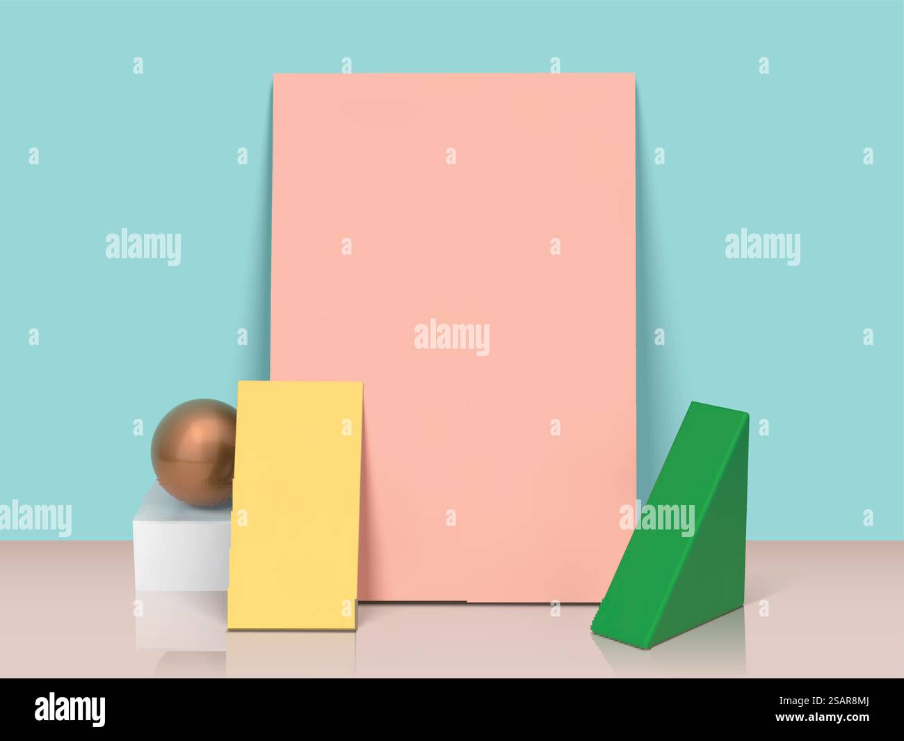 Minimale Szene mit leerem rosafarbenen Rahmen und Dreieckselementen in 3D-Illustration. Minimale Szene mit leerem rosafarbenen Rahmen Stock Vektor