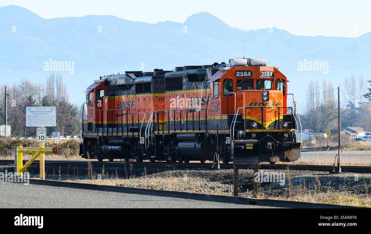 Mount Vernon, WA, USA – 29. Januar 2025; zwei BNSF-Güterlokomotiven wurden neu positioniert, um Frachtgut abzuholen Stockfoto